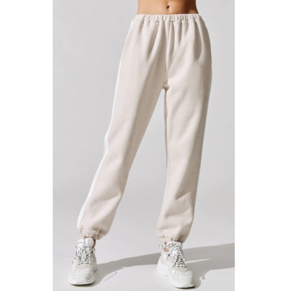 STAUD Cambrie Stripe Jogger Lounge Trouser Cotton Fleece Neutral Pink Cream Sz S
